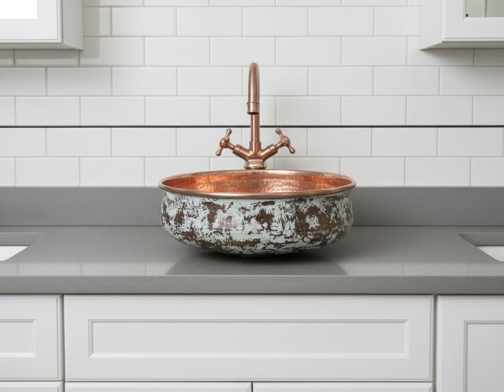 Handmade Patina Copper Vessel Sink with Hammered Interior for Luxury Bathroom Vanity Designs