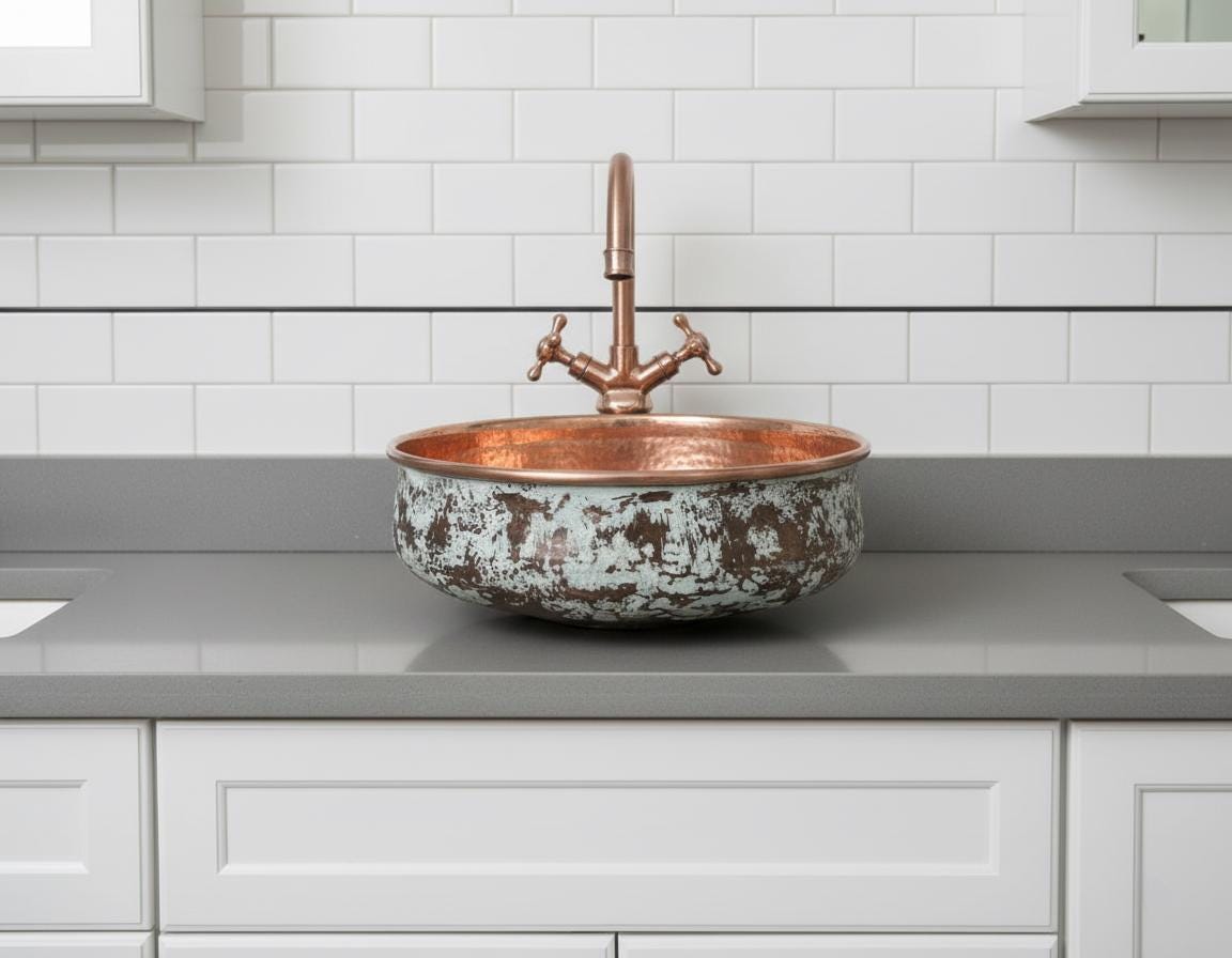 Handmade Patina Copper Vessel Sink with Hammered Interior for Luxury Bathroom Vanity Designs