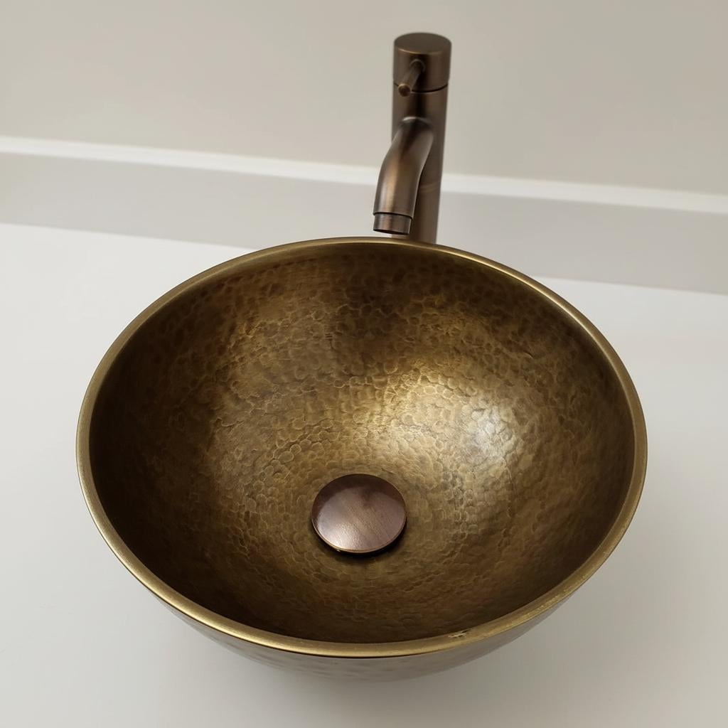 Handmade Round Brass Vessel Sink with Oil Patina Finish for Modern Bathroom Vanities