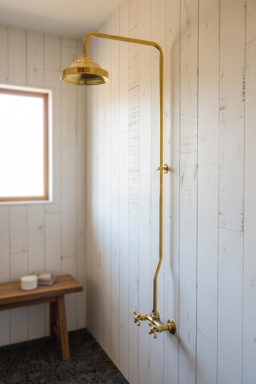 Unlacquered Solid Brass Shower System – Handmade Wall Mount Rainfall Shower with Dual Cross Handles