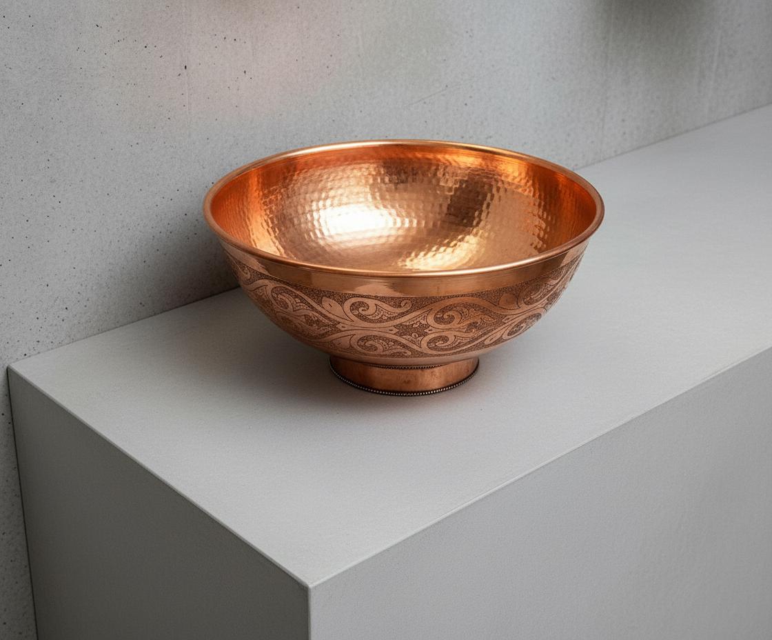 Handmade Solid Copper Vessel Sink with Engraved Bowl Design, Bathroom Vanity Countertop Basin