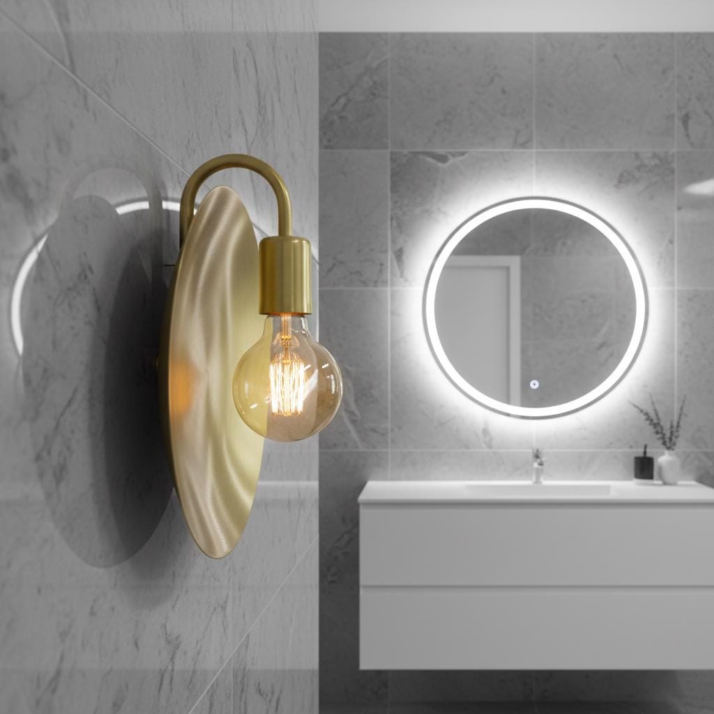 Unlacquered Brass Wall Light – Helios Inspired Round Backplate Sconce with Exposed Bulb