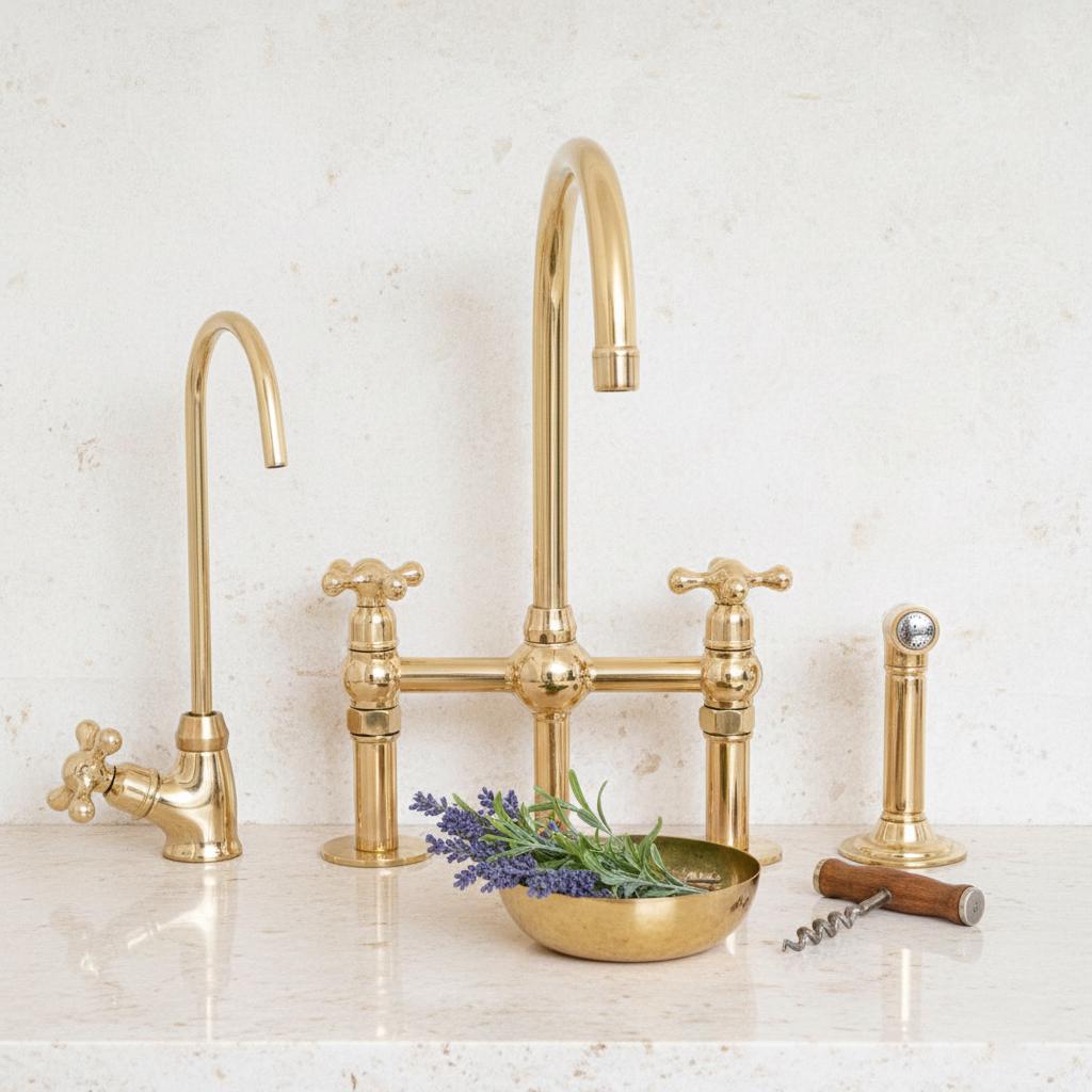 Unlacquered Brass Bridge Kitchen Faucet – Solid Brass Farmhouse Tap with Sprayer