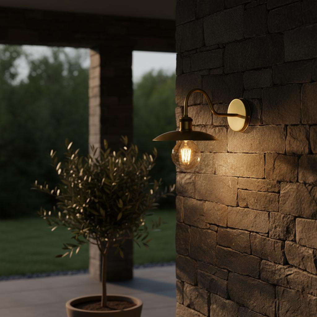 Unlacquered Brass Wall Light – Handmade Curved Arm Sconce with Wide Shade and Edison Bulb