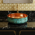 Handmade Turquoise Patina Copper Vessel Sink with Polished Interior for Luxury Bathroom Designs