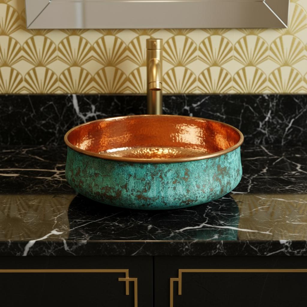 Handmade Turquoise Patina Copper Vessel Sink with Polished Interior for Luxury Bathroom Designs
