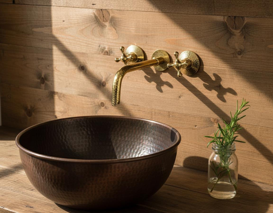 Unlacquered Solid Brass Hammered Wall Mount Faucet – Handmade Cross Handle Bathroom Mixer