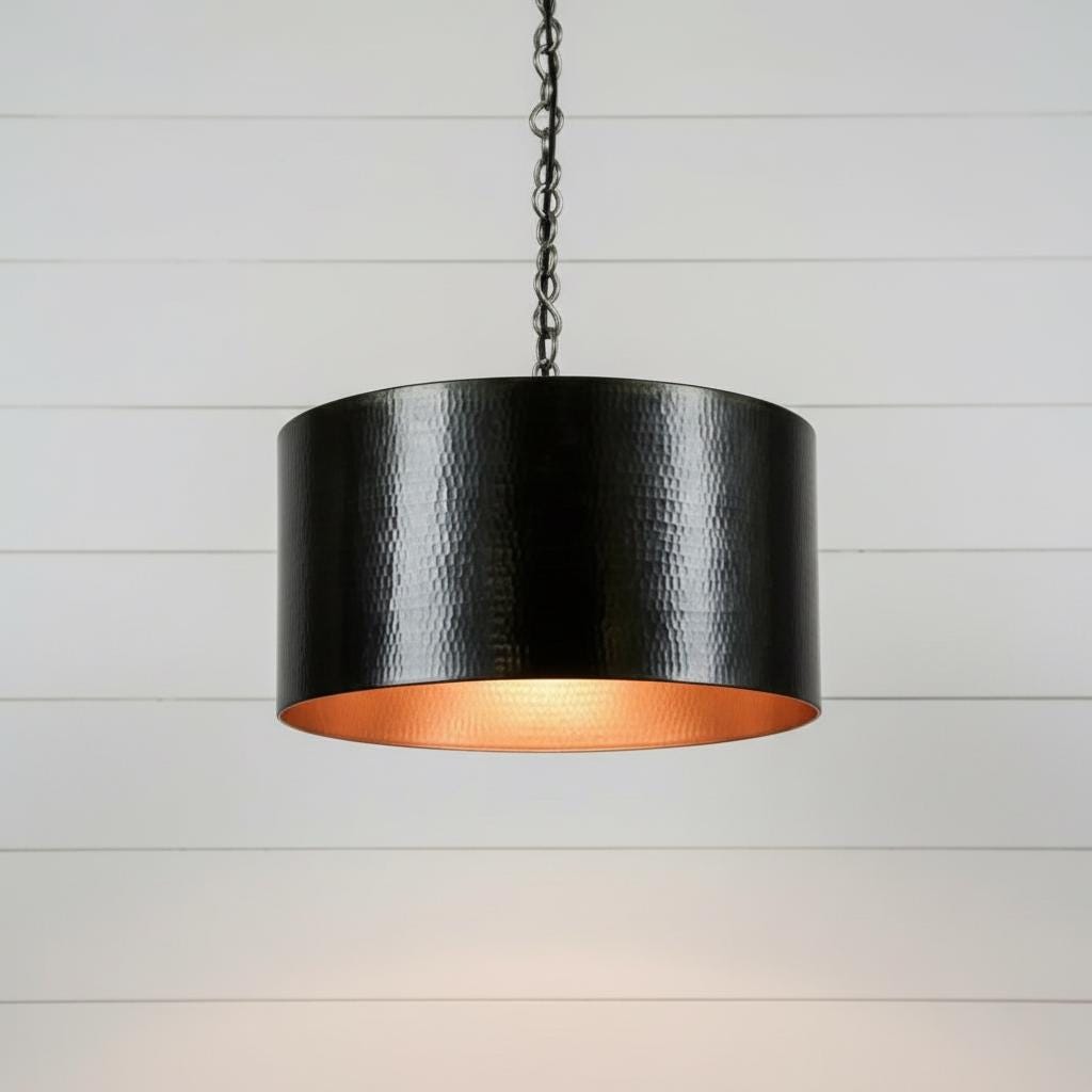 Handmade Hammered Pendant Light Solid Copper Shade with Matte Black Finish for Modern Luxury Interiors