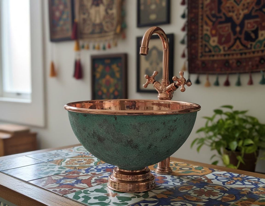 Handmade Turquoise Patina Copper Vessel Sink with Faucet for Luxury Artisan Bathroom Vanity Designs