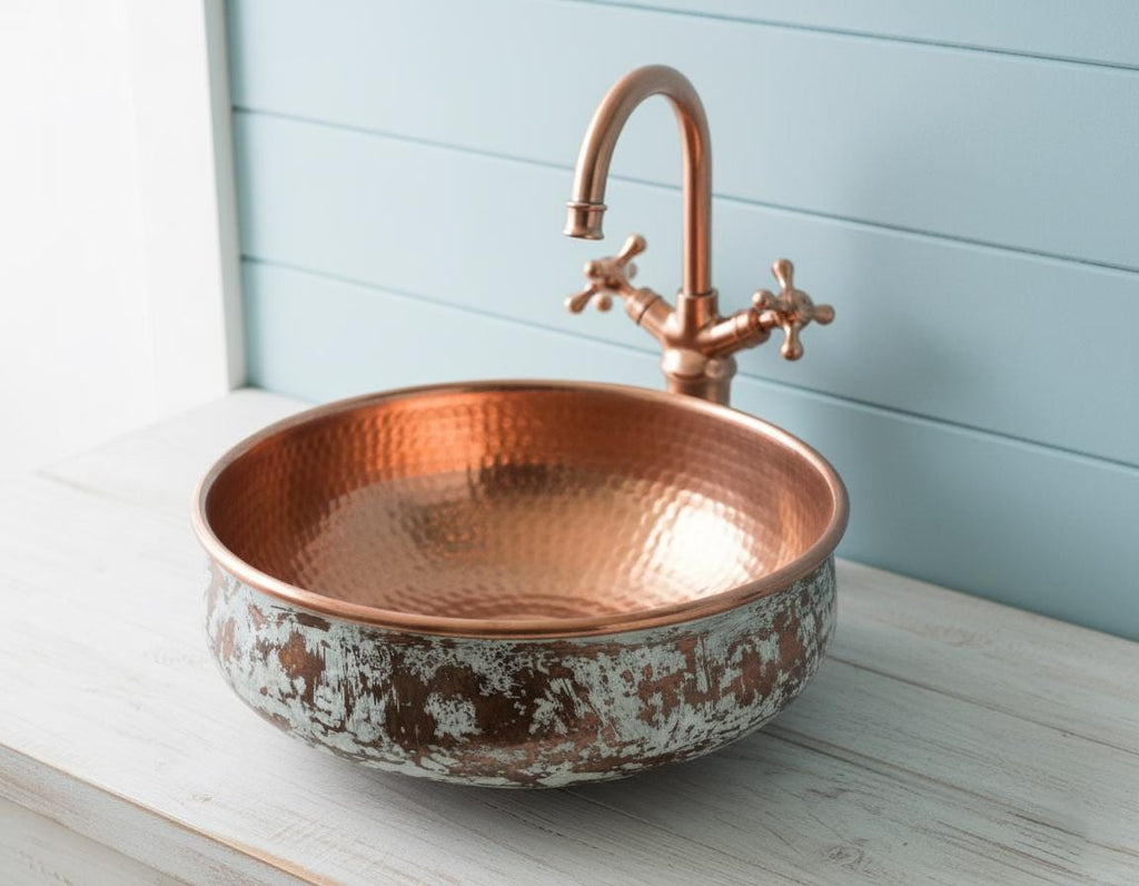 Handmade Patina Copper Vessel Sink with Hammered Interior for Luxury Bathroom Vanity Designs