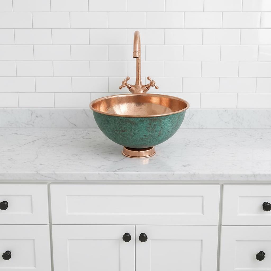 Handmade Turquoise Patina Copper Vessel Sink with Faucet for Luxury Bathroom Vanity Decor