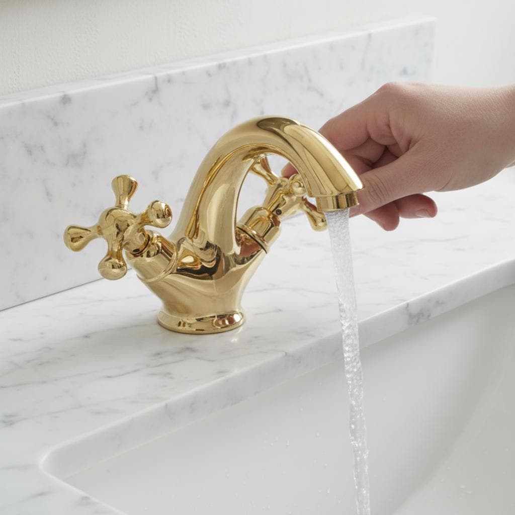 Unlacquered Brass Bathroom Faucet – Handmade Solid Brass Basin Mixer Tap with Dual Cross Handles, Classic Vanity Sink Fixture