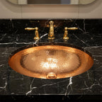 Handmade Oval Undermount Copper Bathroom Sink with Hammered Texture and Free Pop Up Drain