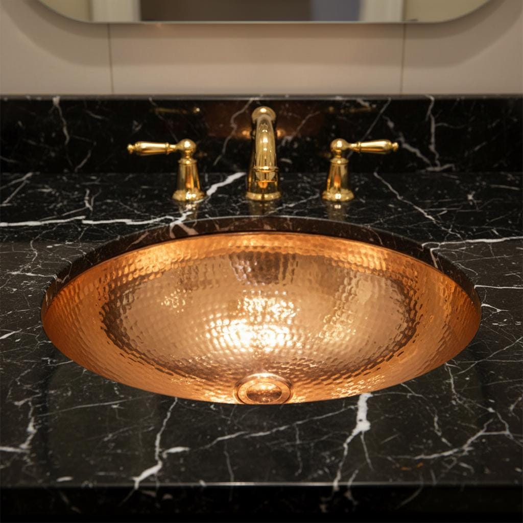 Handmade Oval Undermount Copper Bathroom Sink with Hammered Texture and Free Pop Up Drain