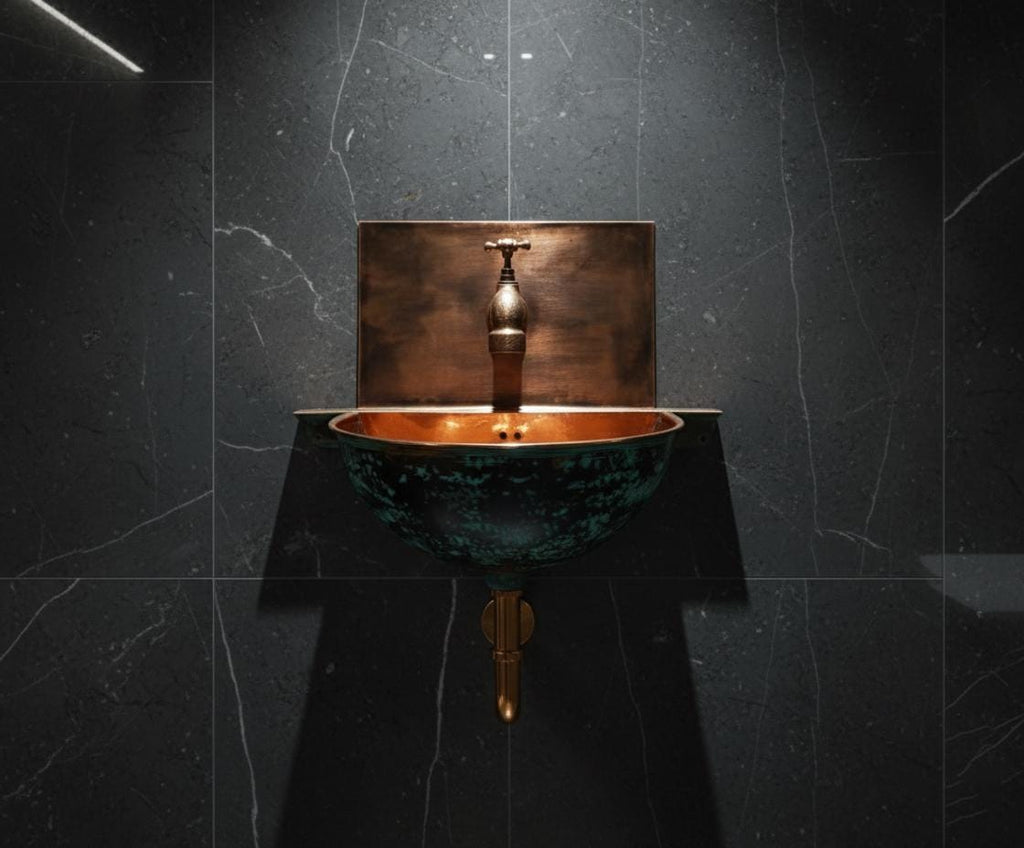 Handcrafted Turquoise Patina Copper Wall Mount Sink with Hammered Interior for Unique Luxury Bathrooms