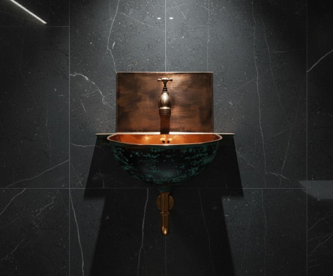 Handcrafted Turquoise Patina Copper Wall Mount Sink with Hammered Interior for Unique Luxury Bathrooms