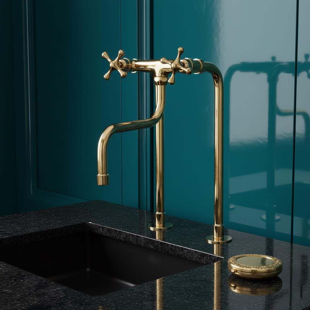 Gold faucet on a black sink against a teal wall