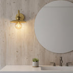 Unlacquered Brass Wall Light – Handmade Curved Arm Sconce with Wide Shade and Edison Bulb