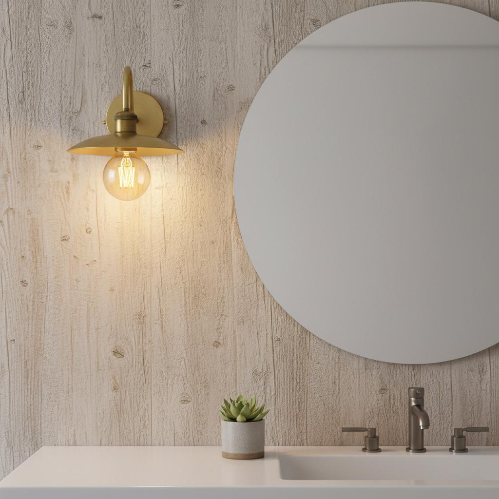 Unlacquered Brass Wall Light – Handmade Curved Arm Sconce with Wide Shade and Edison Bulb