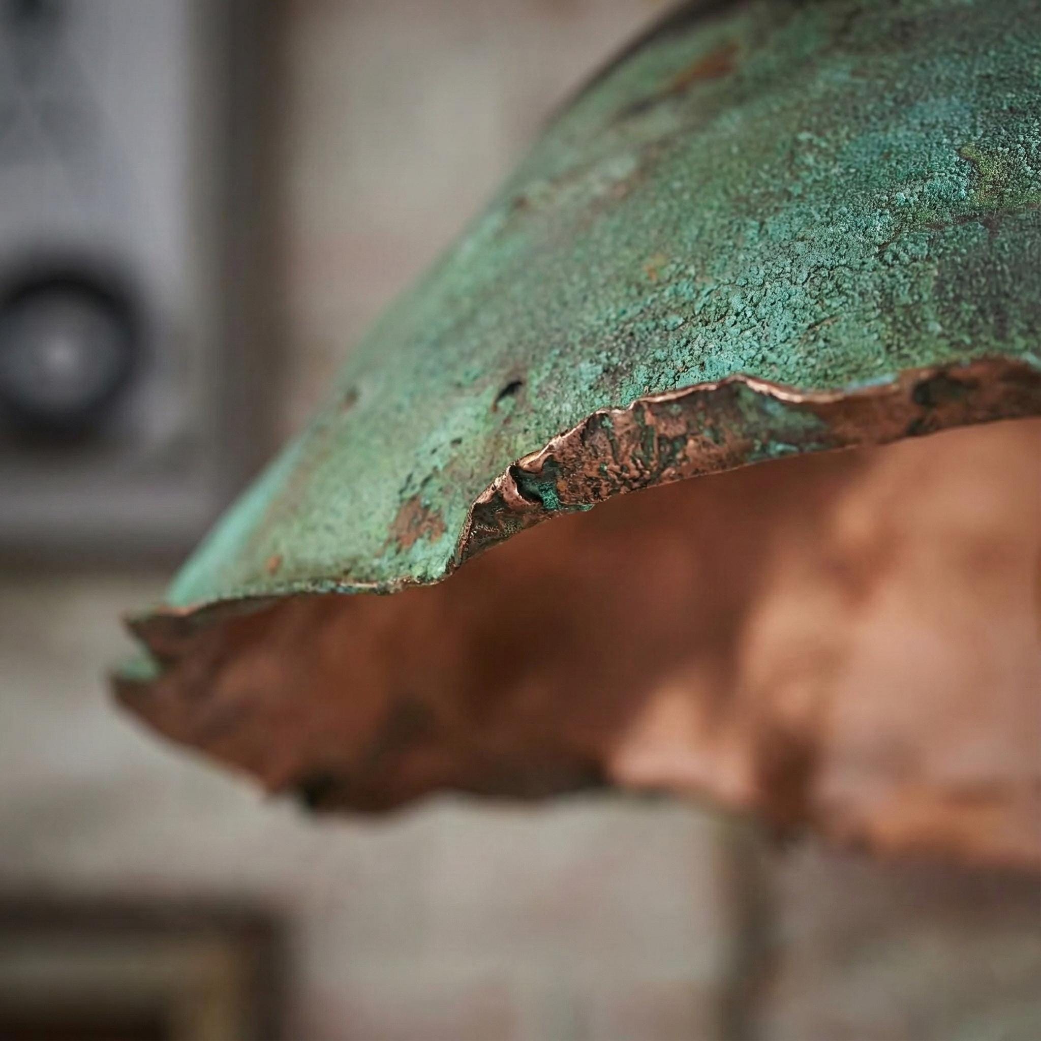 Handcrafted Copper Pendant Light with Fire Finish and Verdigris Patina Exterior Dome