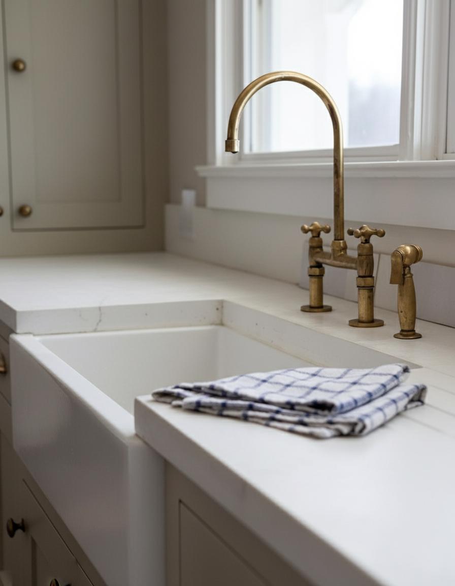 Unlacquered Brass Bridge Faucet with Side Sprayer – Farmhouse Kitchen Sink Mixer, Solid Brass Tap Fixture