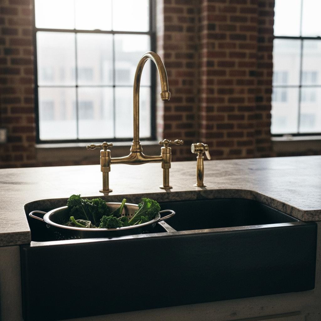 Unlacquered Brass Bridge Kitchen Faucet with Side Sprayer – Farmhouse Sink Mixer Tap, Solid Brass Fixture