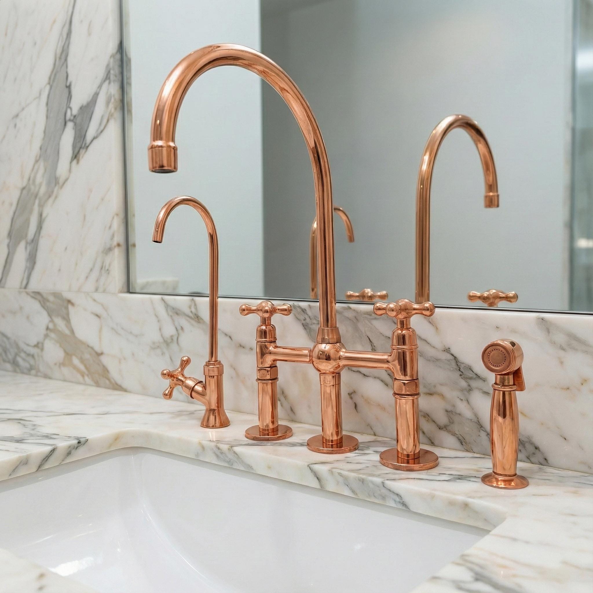 Solid Brass Farmhouse Kitchen Bridge Faucet with Sprayer And Cold Water Tap