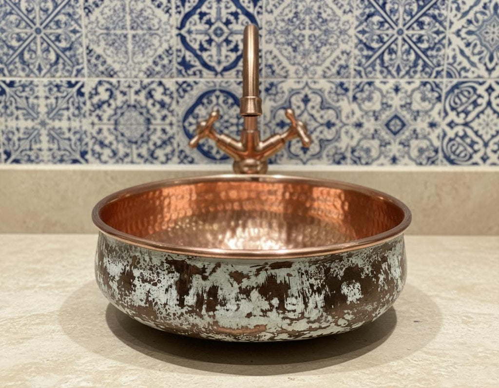 Handmade Patina Copper Vessel Sink with Hammered Interior for Luxury Bathroom Vanity Designs