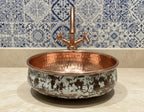 Handmade Patina Copper Vessel Sink with Hammered Interior for Luxury Bathroom Vanity Designs