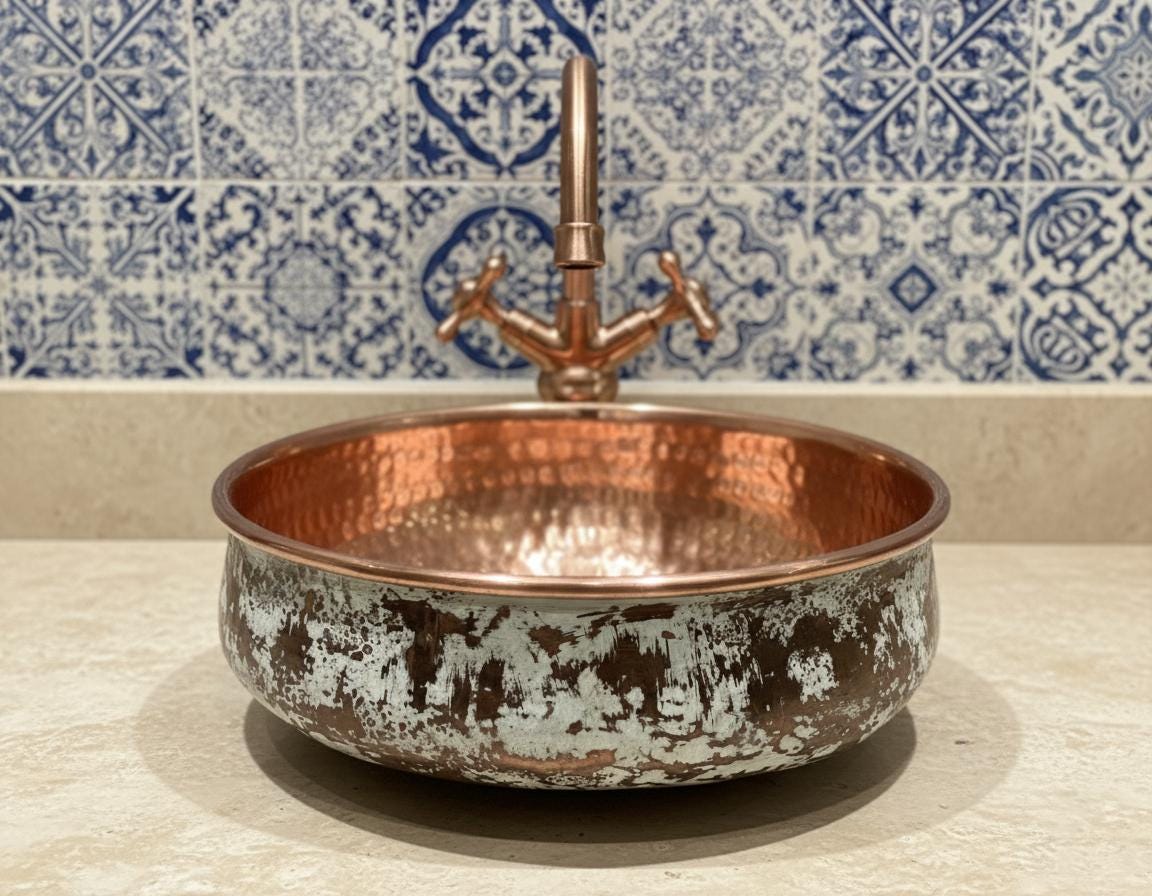 Handmade Patina Copper Vessel Sink with Hammered Interior for Luxury Bathroom Vanity Designs