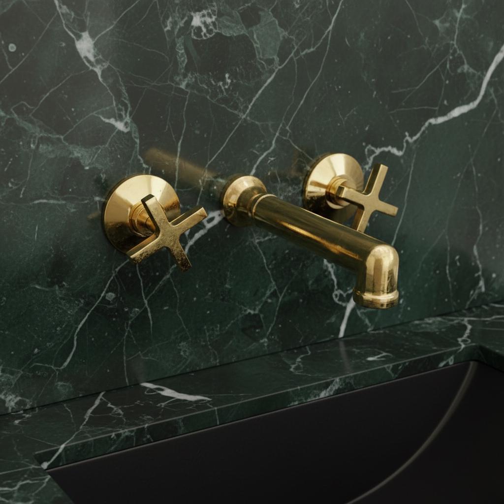 Unlacquered Solid Brass Wall Mount Faucet – Modern Cross Handle Bathroom or Vanity Sink Tap