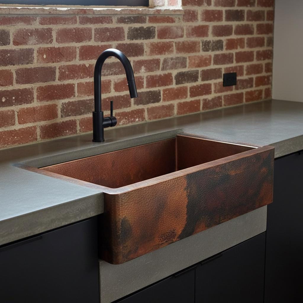 Handmade Fire Patina Hammered Copper Farmhouse Apron Front Sink for Modern Rustic Kitchen Designs