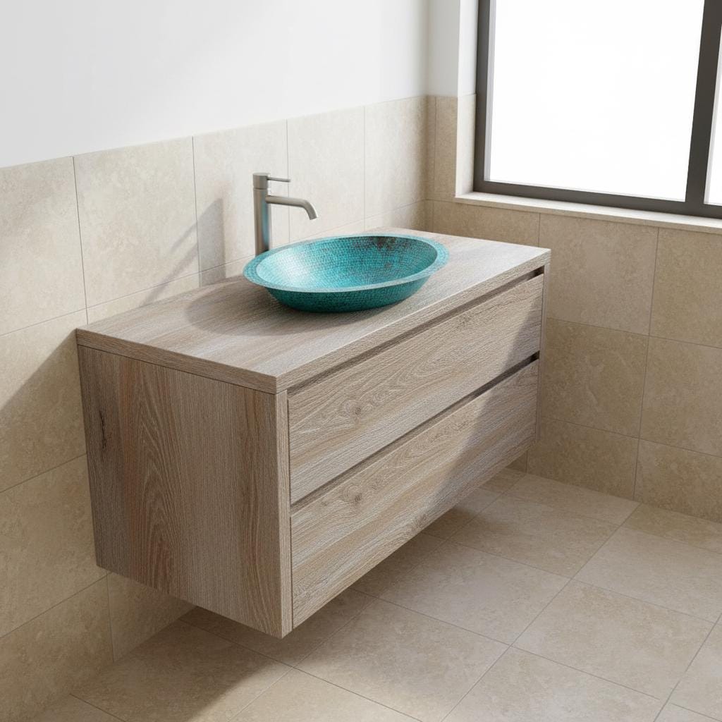 Handcrafted Oval Copper Vessel Basin with Turquoise Patina for Luxury Bathroom Vanity