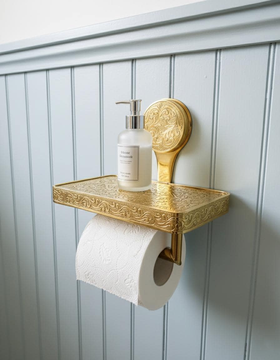 Engraved Solid Brass Toilet Paper Holder with Shelf – Unlacquered Luxury Bathroom Fixture