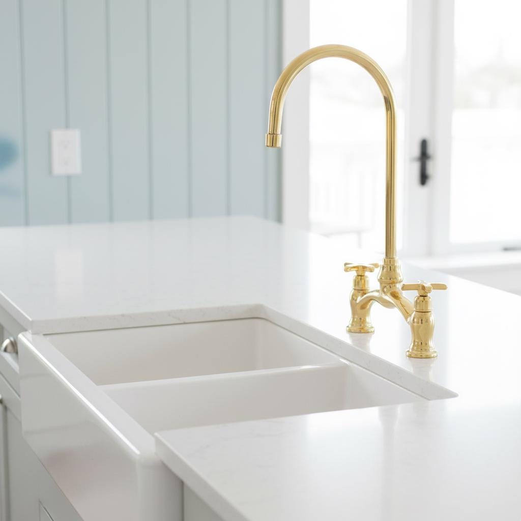 Unlacquered Brass Bridge Faucet – Solid Brass Farmhouse Sink Mixer Tap, Vintage Gooseneck Kitchen Faucet for Apron Front Sinks