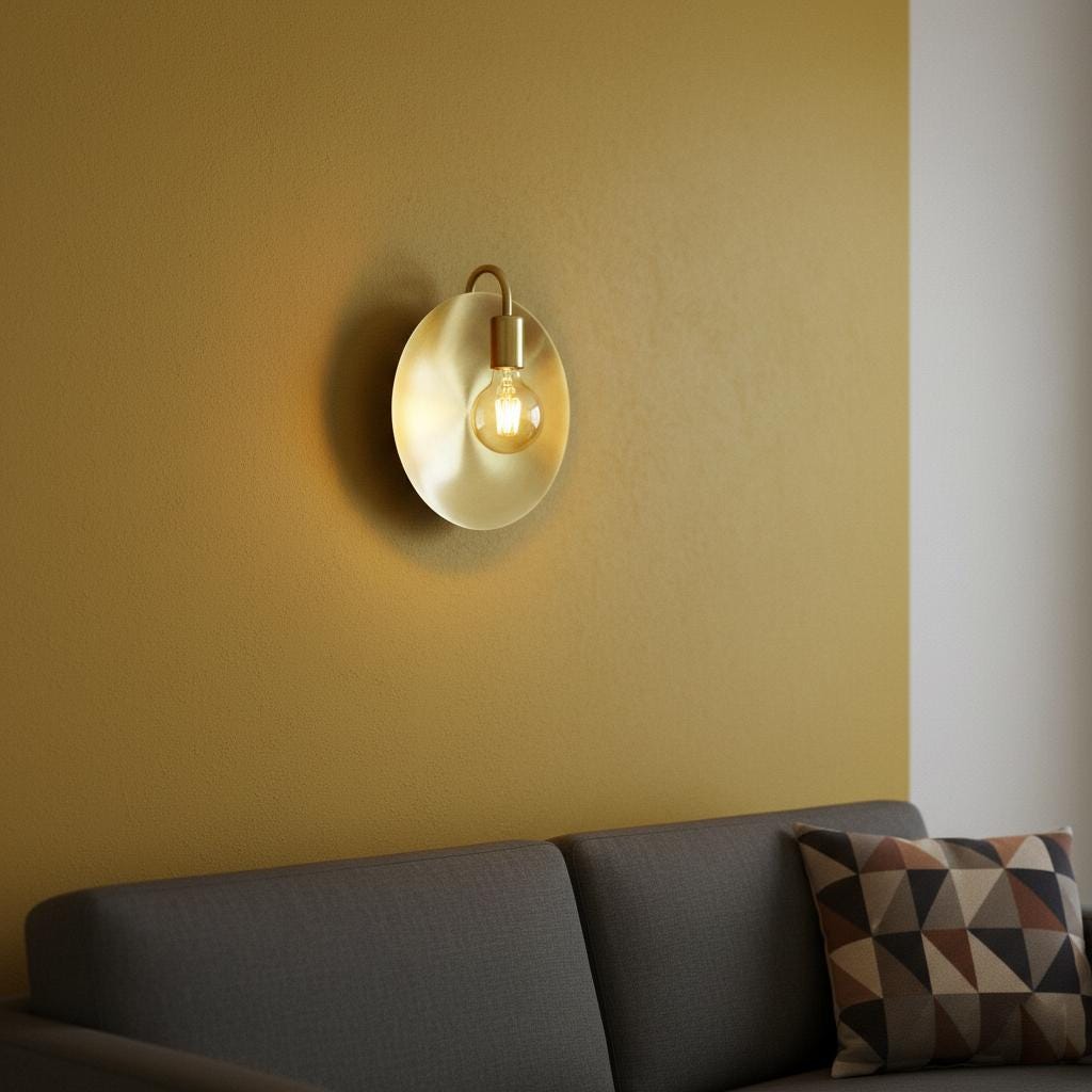Unlacquered Brass Wall Light – Helios Inspired Round Backplate Sconce with Exposed Bulb