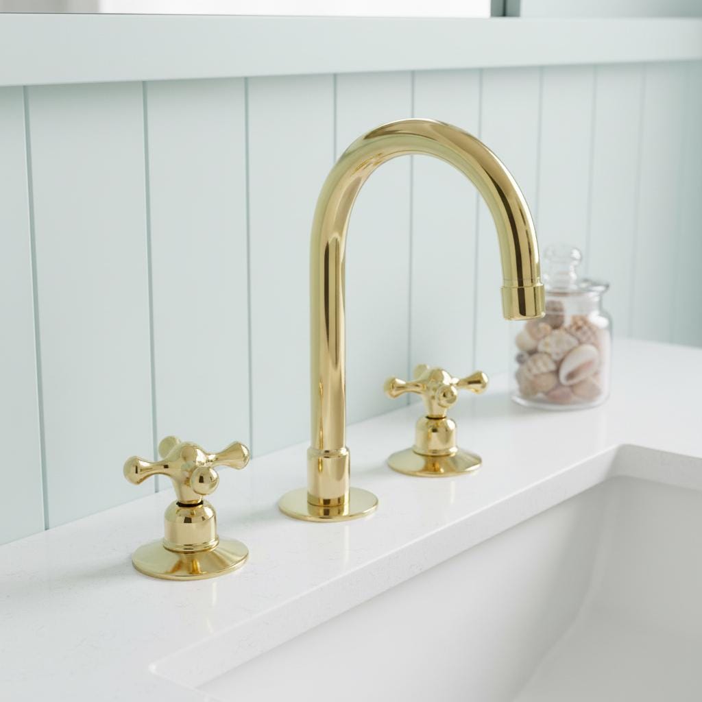 Unlacquered Brass 3-Hole Bathroom Faucet – Handmade Solid Brass Basin Mixer Tap with Cross Handles
