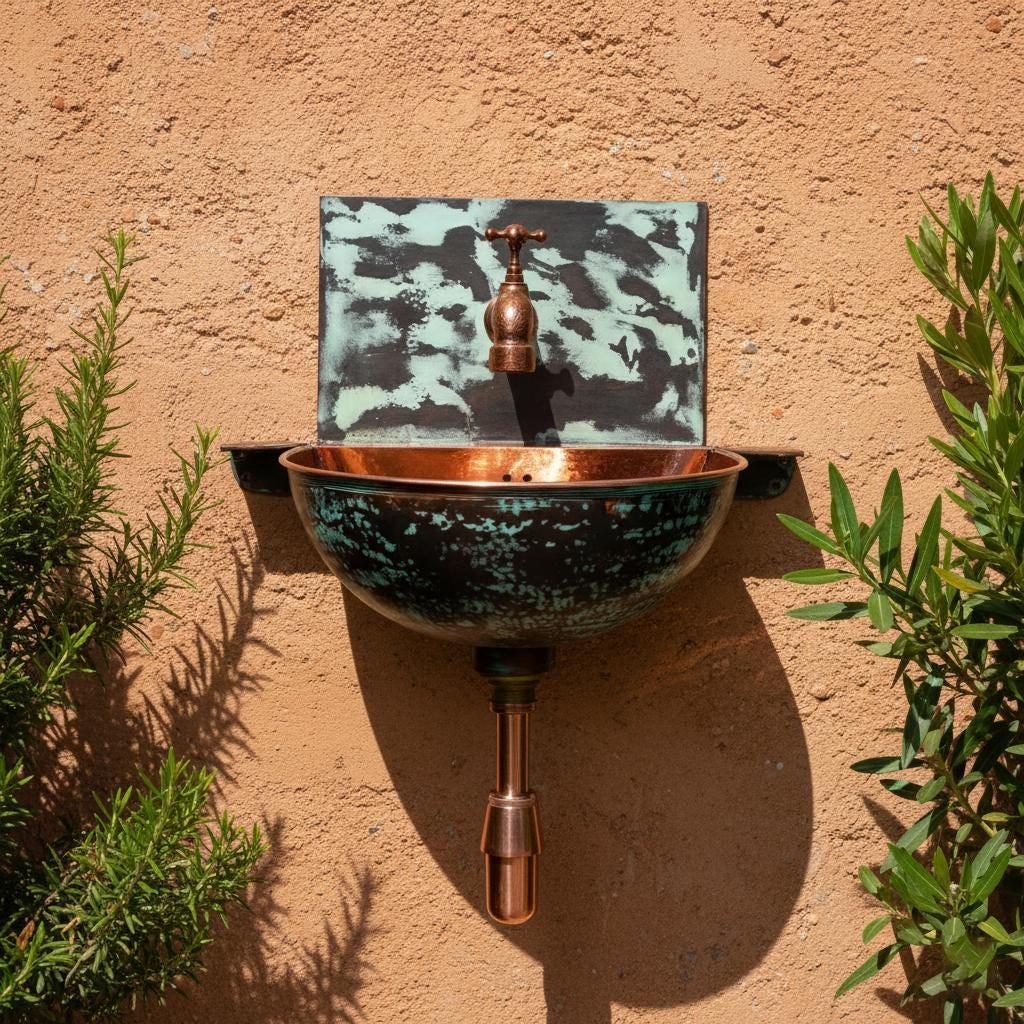 Handmade Turquoise Patina Copper Wall Mount Sink with Faucet for Luxury Artistic Bathroom Designs