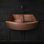 Handmade Hammered Copper Farmhouse Workstation Sink with Apron Front and Removable Prep Tray