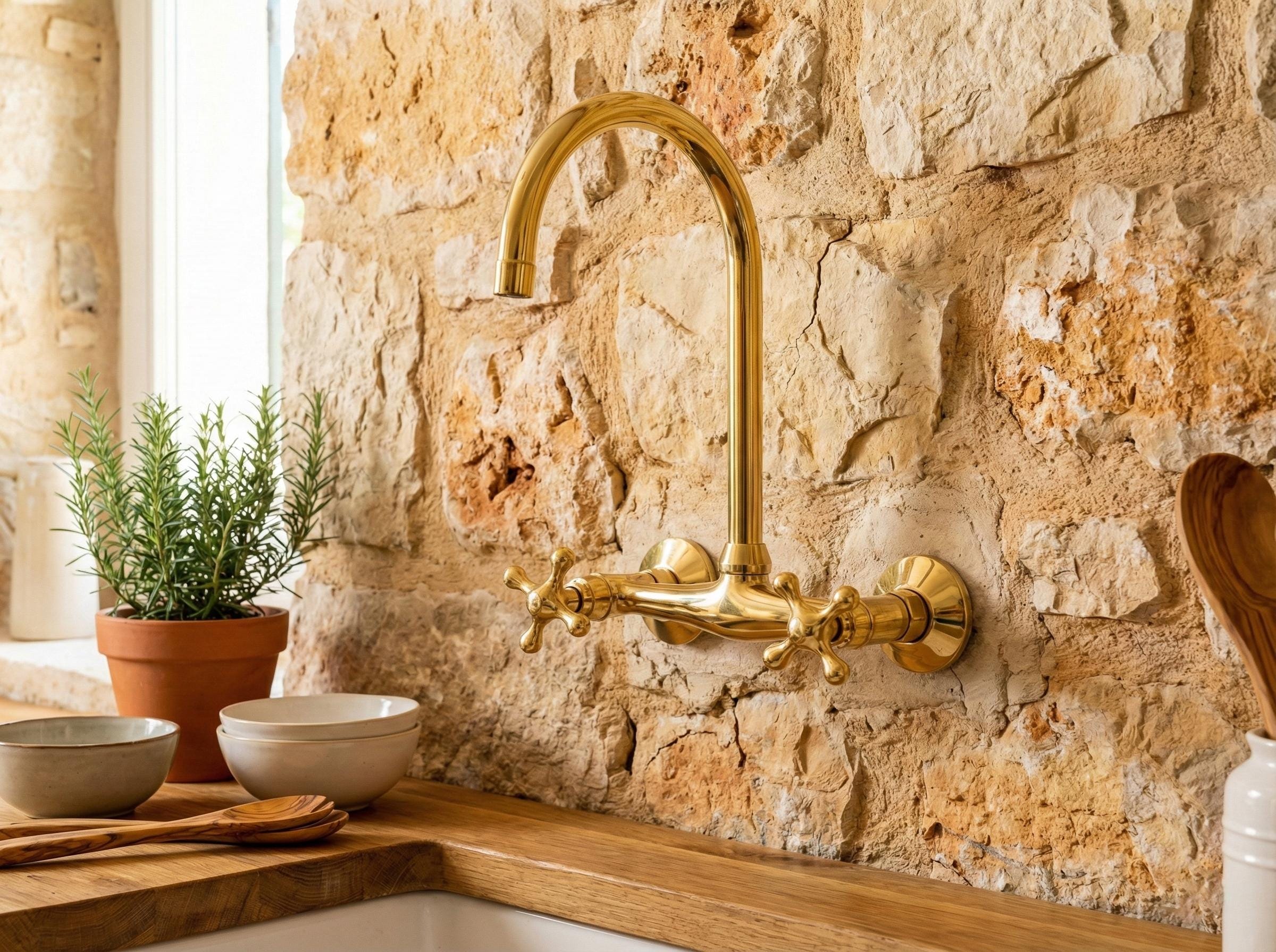 Unlacquered Brass Wall Mount Faucet, Handmade Gooseneck Kitchen Tap Water Mixer with Cross Handles