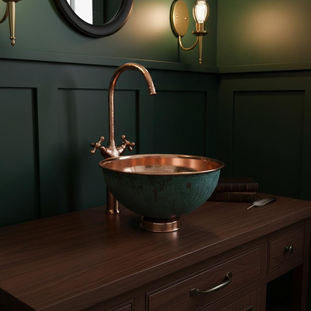 Handmade Turquoise Patina Copper Vessel Sink with Faucet for Luxury Bathroom Vanity Decor