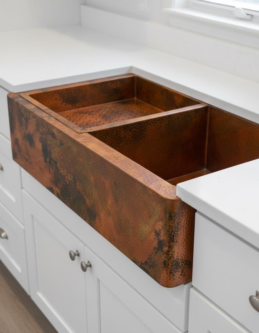 Copper Farmhouse Kitchen Sink – Double Basin Apron Front Workstation with Hammered Texture