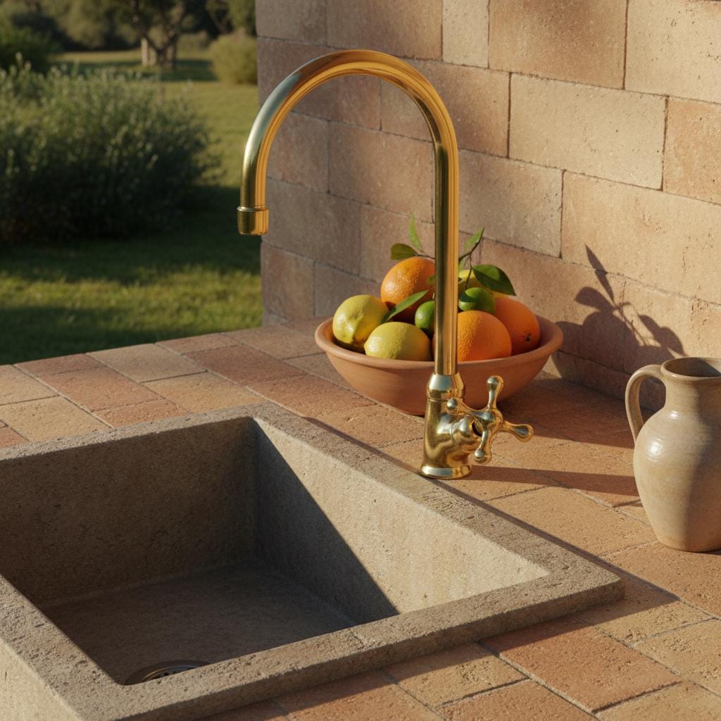 Outdoor kitchen sink with gold faucet and bowl of fruit on a stone countertop.
