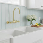 Unlacquered Brass Wall Mount Faucet – Handmade Solid Brass Gooseneck Kitchen Tap with Cross Handles for Farmhouse Sink