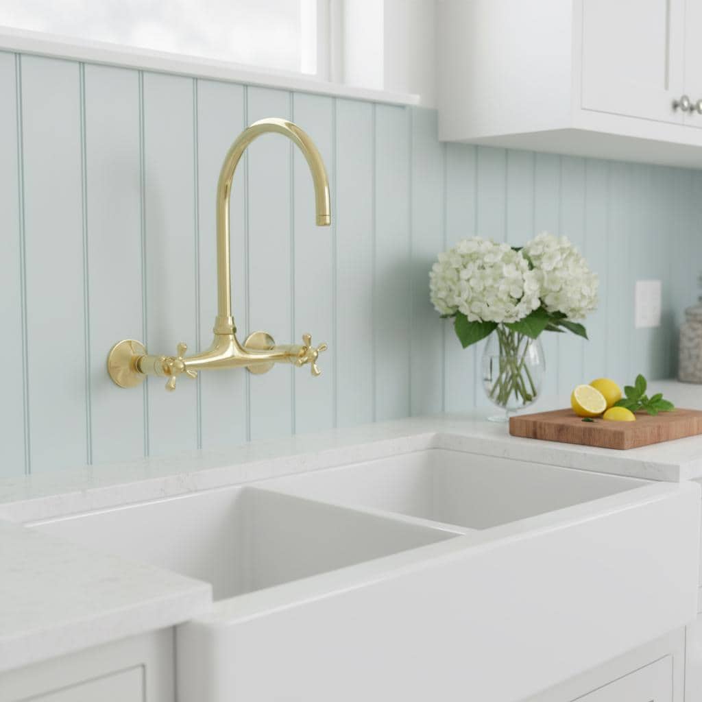 Unlacquered Brass Wall Mount Faucet – Handmade Solid Brass Gooseneck Kitchen Tap with Cross Handles for Farmhouse Sink