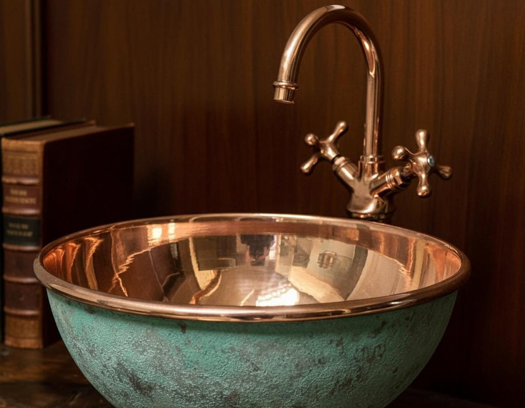Handmade Turquoise Patina Copper Vessel Sink with Faucet for Luxury Artisan Bathroom Vanity Designs