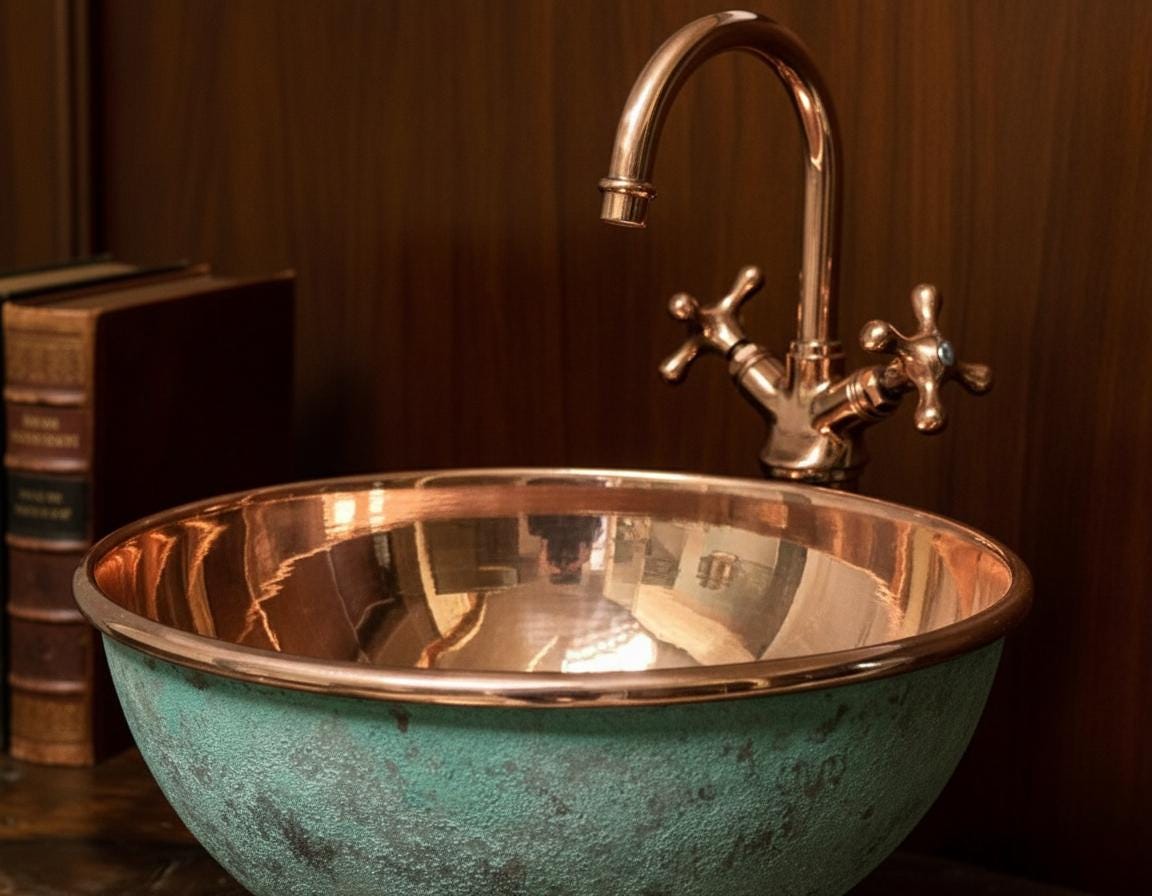 Handmade Turquoise Patina Copper Vessel Sink with Faucet for Luxury Artisan Bathroom Vanity Designs