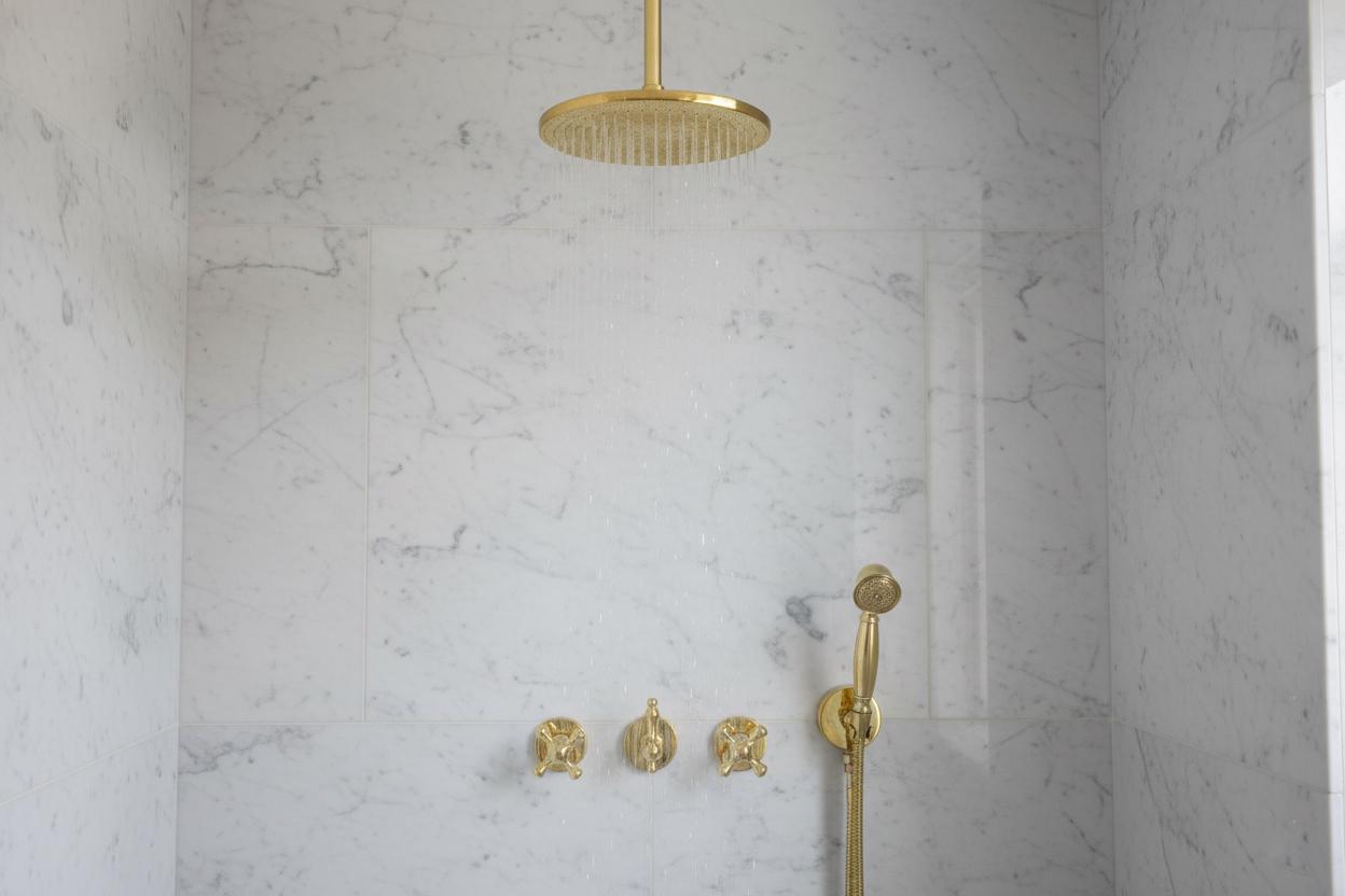 Unlacquered Solid Brass Ceiling Shower System – Complete Handcrafted Bathroom Set with Rain Head, Handheld & Mixer