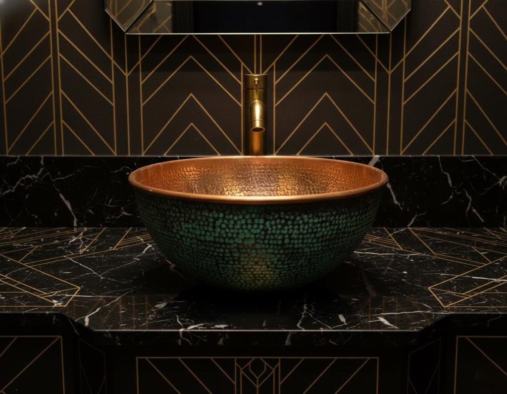 Handmade Turquoise Patina Copper Vessel Sink with Hammered Interior for Modern Bathroom Vanity Decor