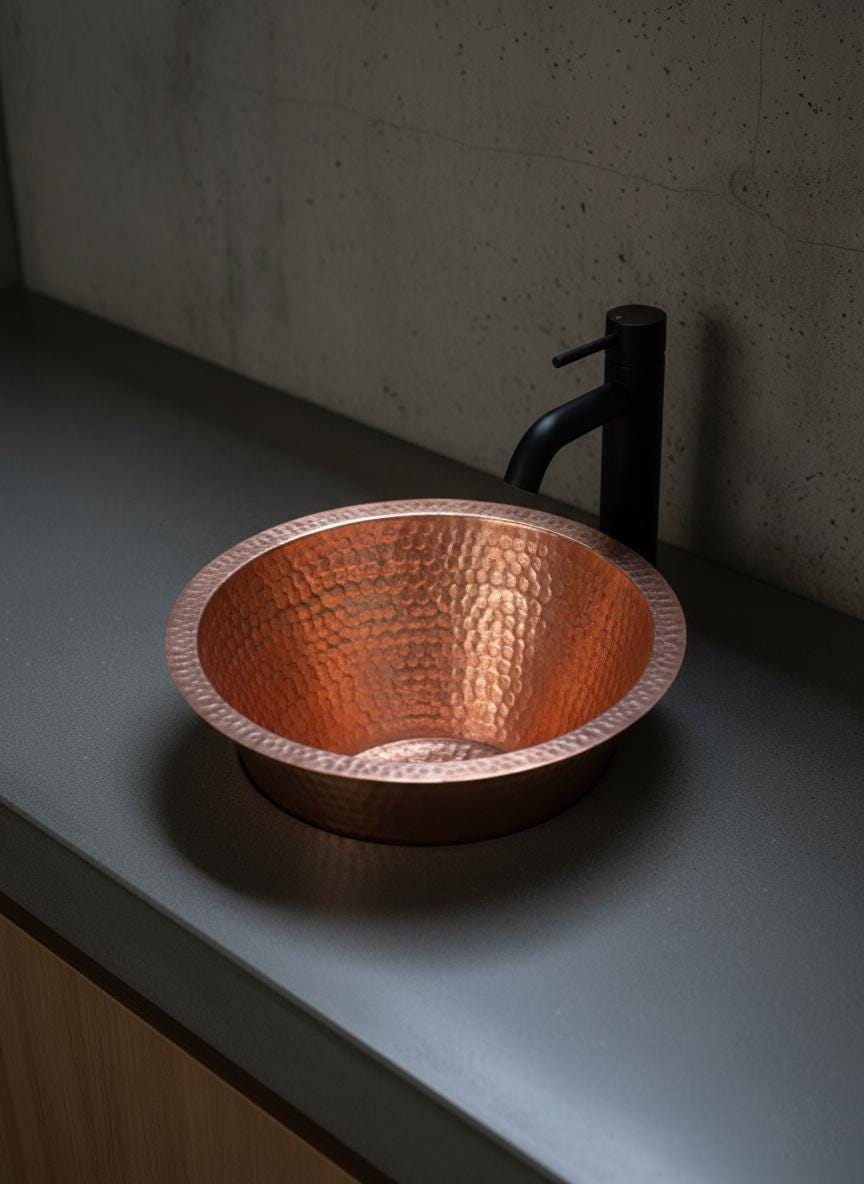 Handmade Hammered Bar Sink – Round Drop-In or Undermount Prep Basin with Rolled Rim